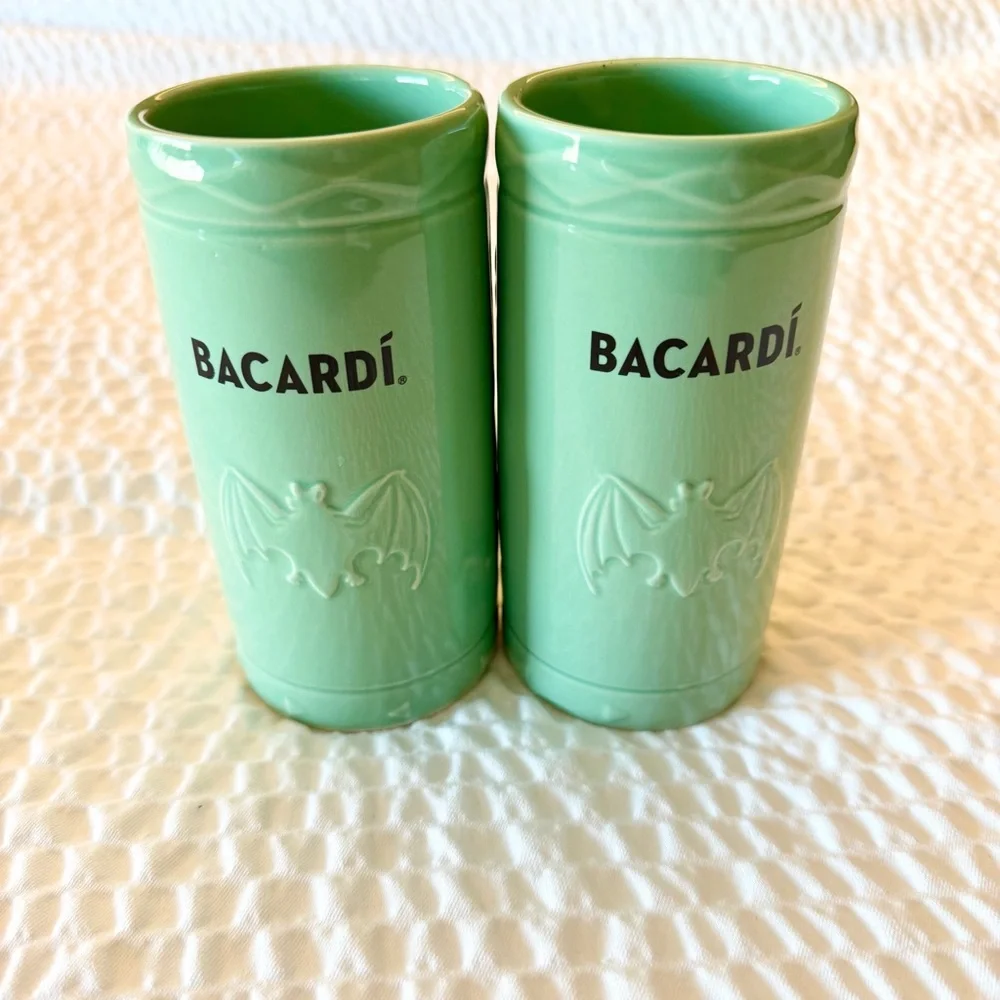 Bacardi Rum 2021 Mint Green Ceramic Tiki Mugs Totem Tumbler Set of 2